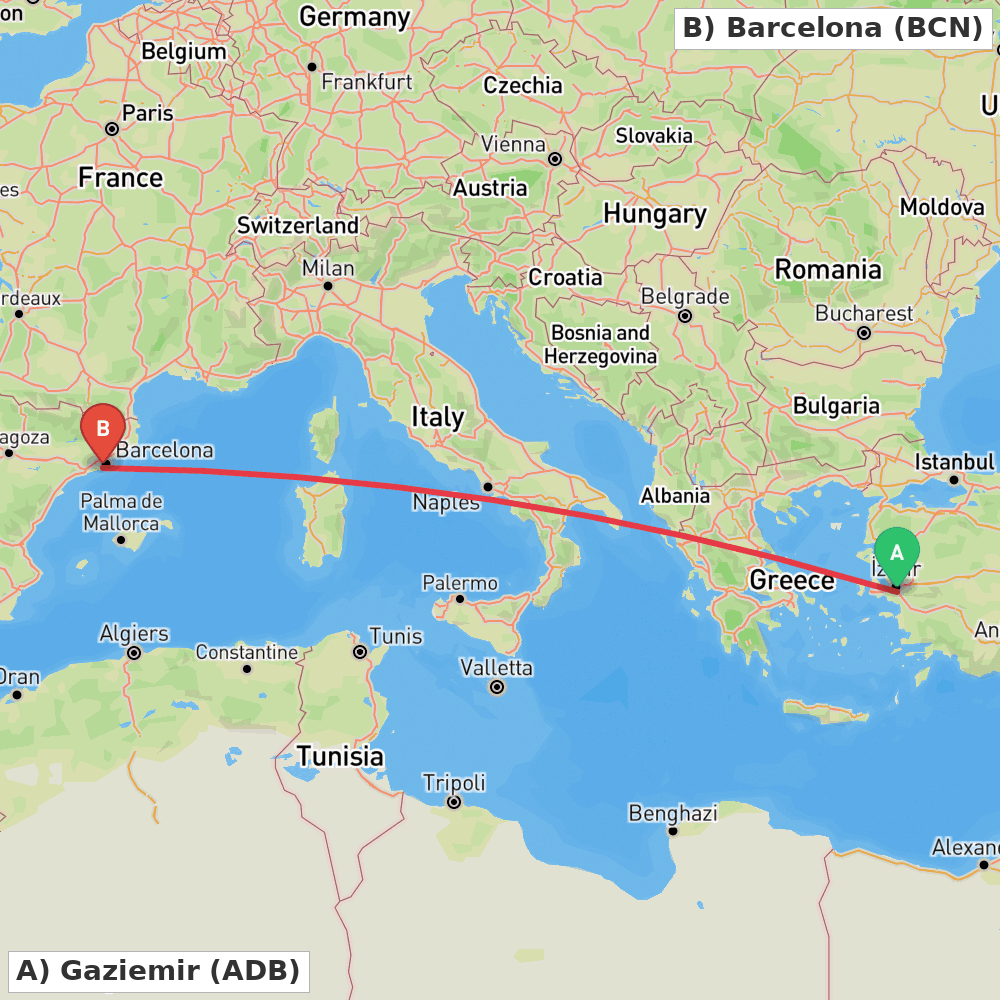 Flight route map from Gaziemir to Barcelona