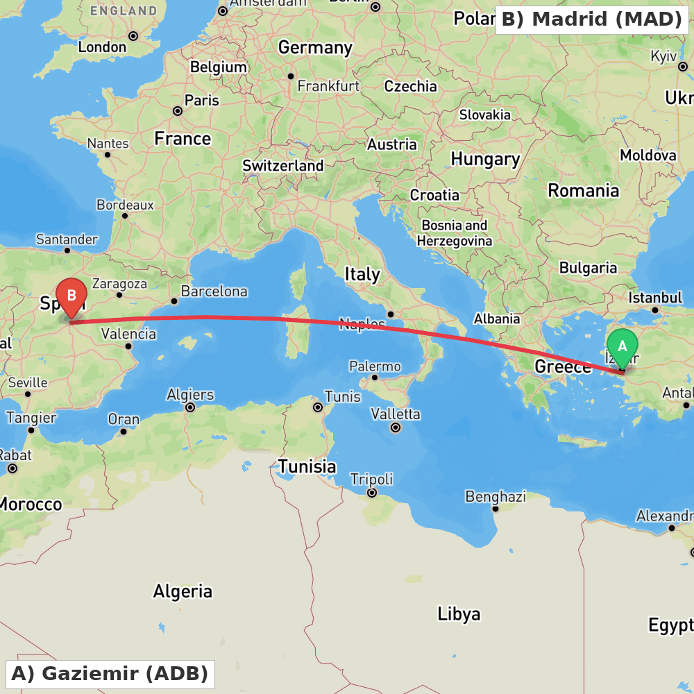 Flight route map from Gaziemir to Madrid