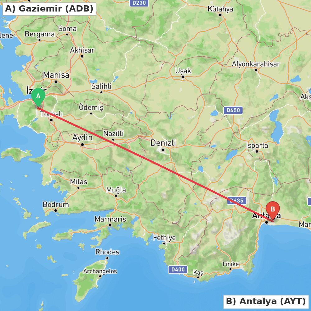Flight route map from Gaziemir to Antalya