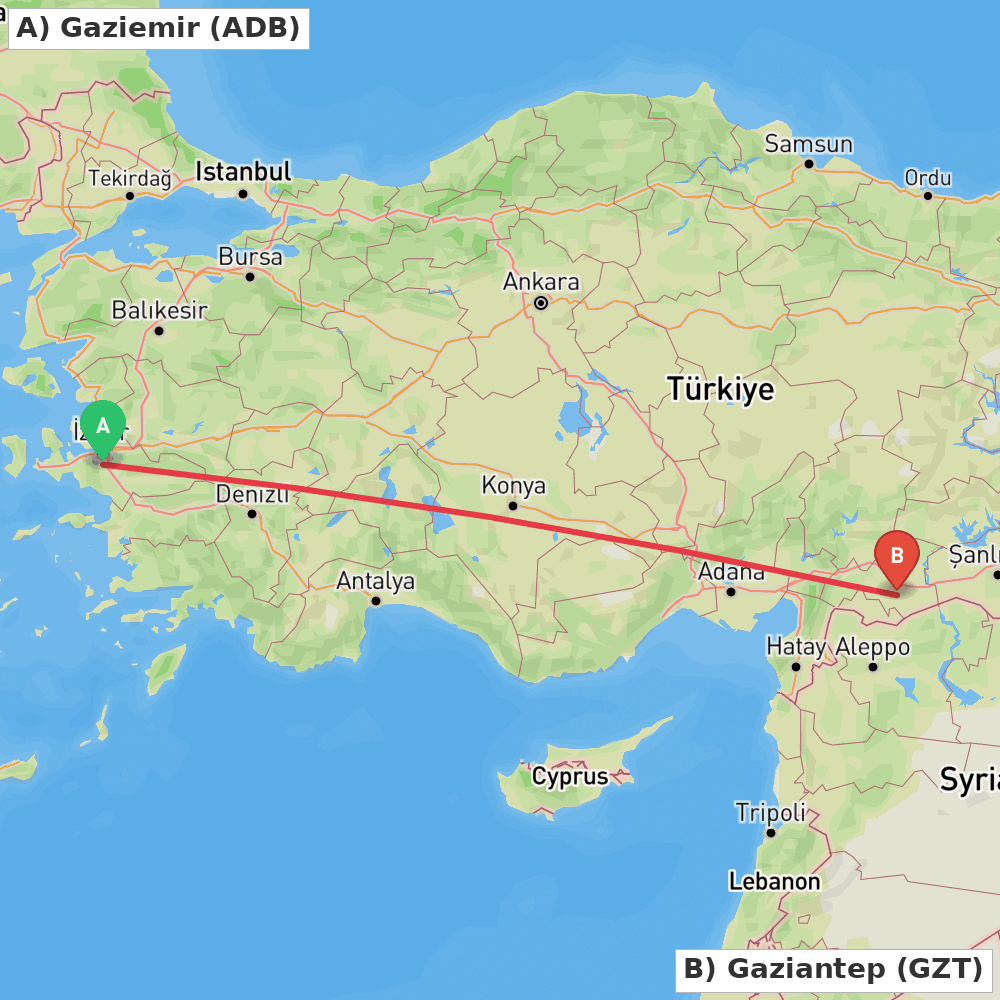 Flight route map from Gaziemir to Gaziantep