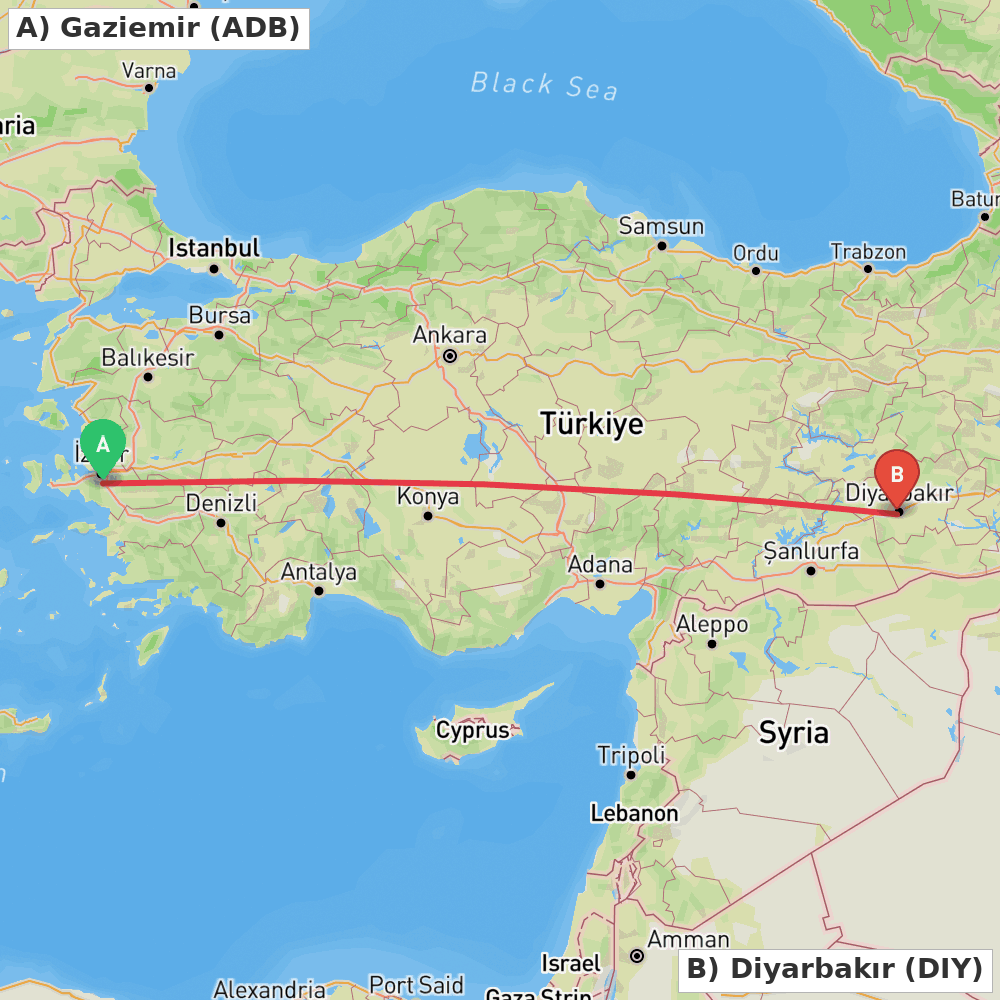 Flight route map from Gaziemir to Diyarbakır