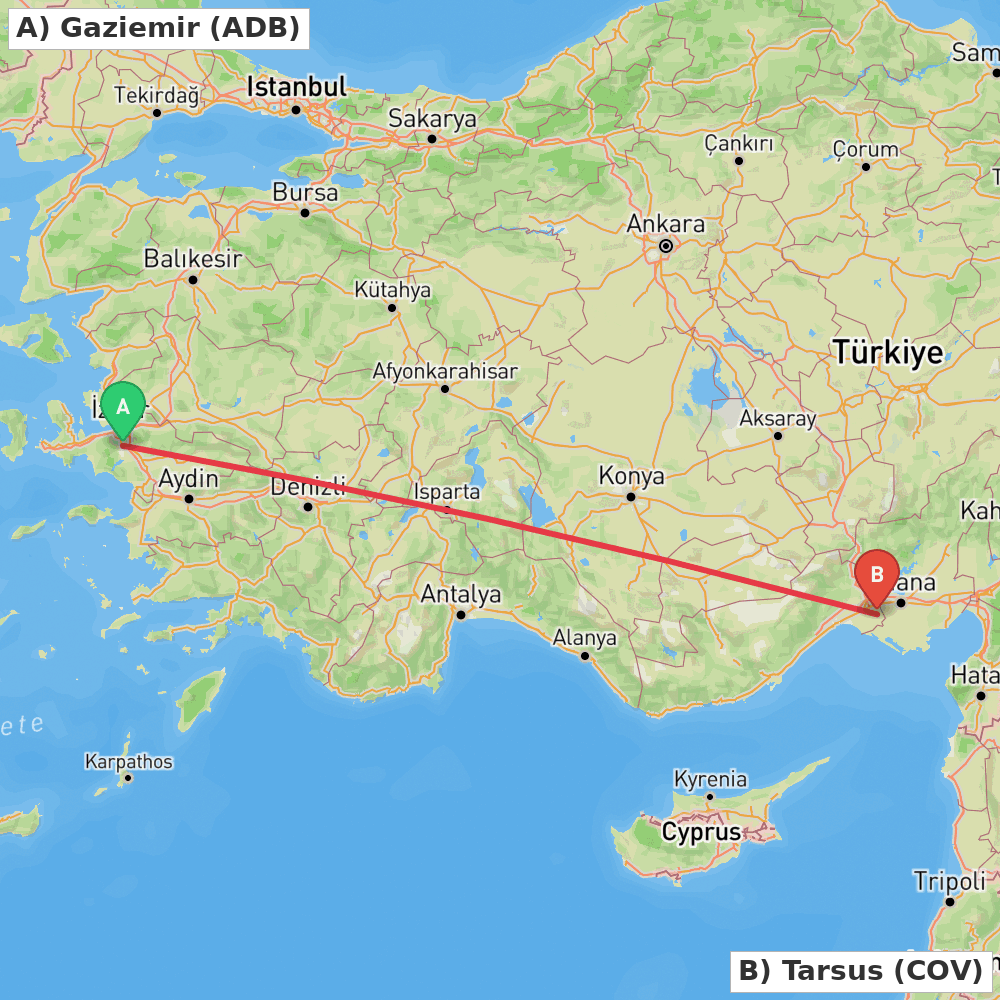 Flight route map from Gaziemir to Tarsus