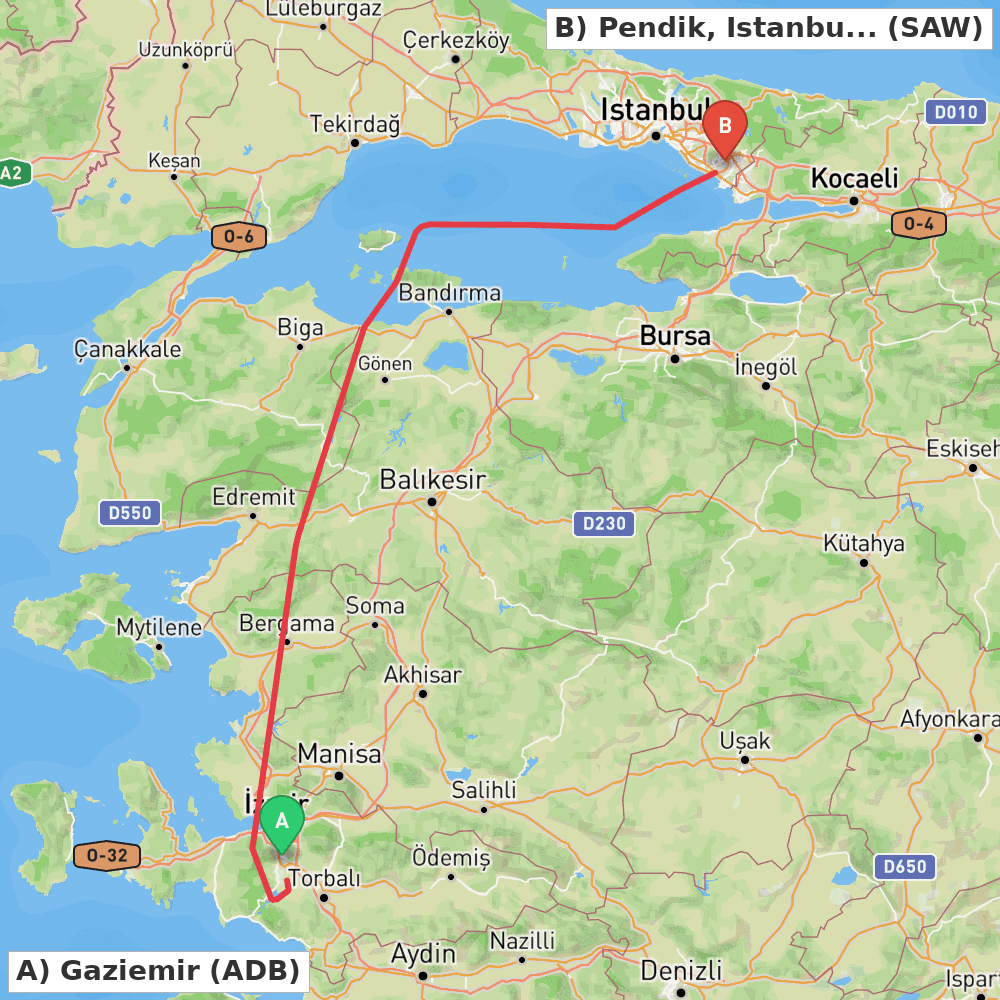 Flight route map from Gaziemir to Pendik, Istanbul