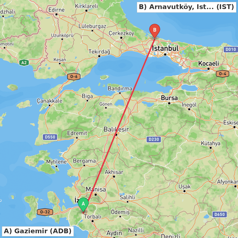 Flight route map from Gaziemir to Arnavutköy, Istanbul