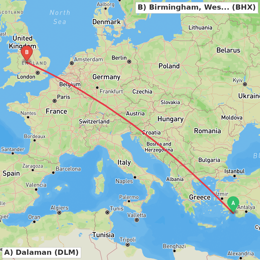 Flight route map from Dalaman to Birmingham, West Midlands