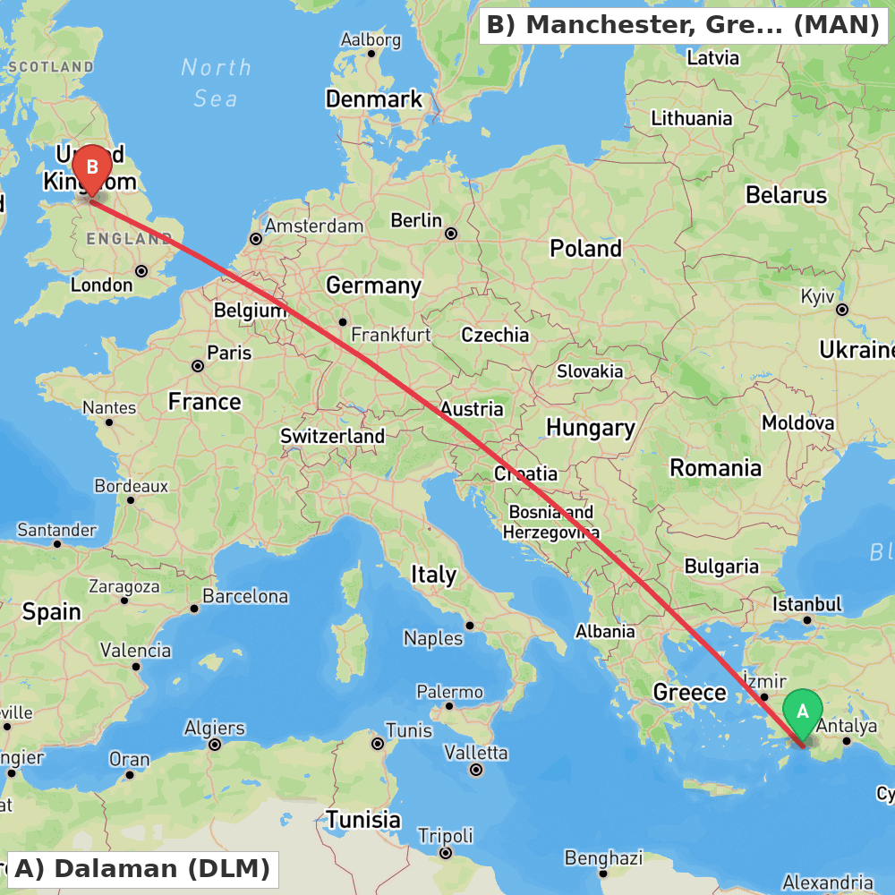 Flight route map from Dalaman to Manchester, Greater Manchester
