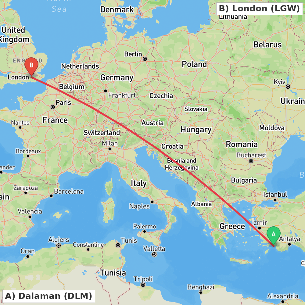 Flight route map from Dalaman to London