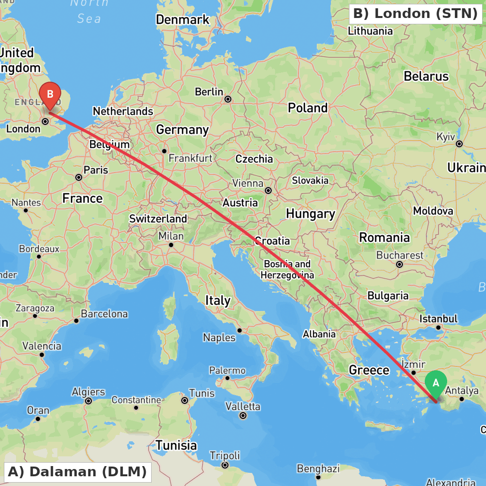 Flight route map from Dalaman to London