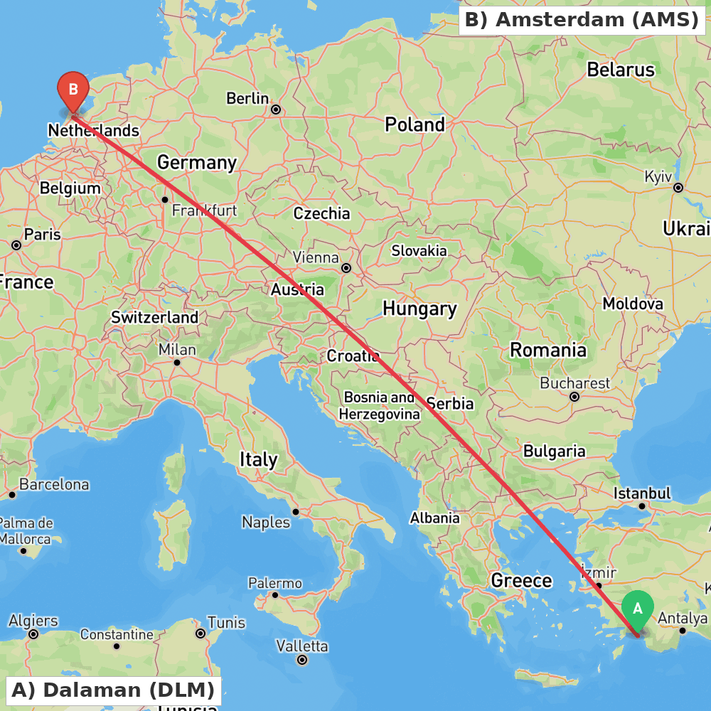Flight route map from Dalaman to Amsterdam