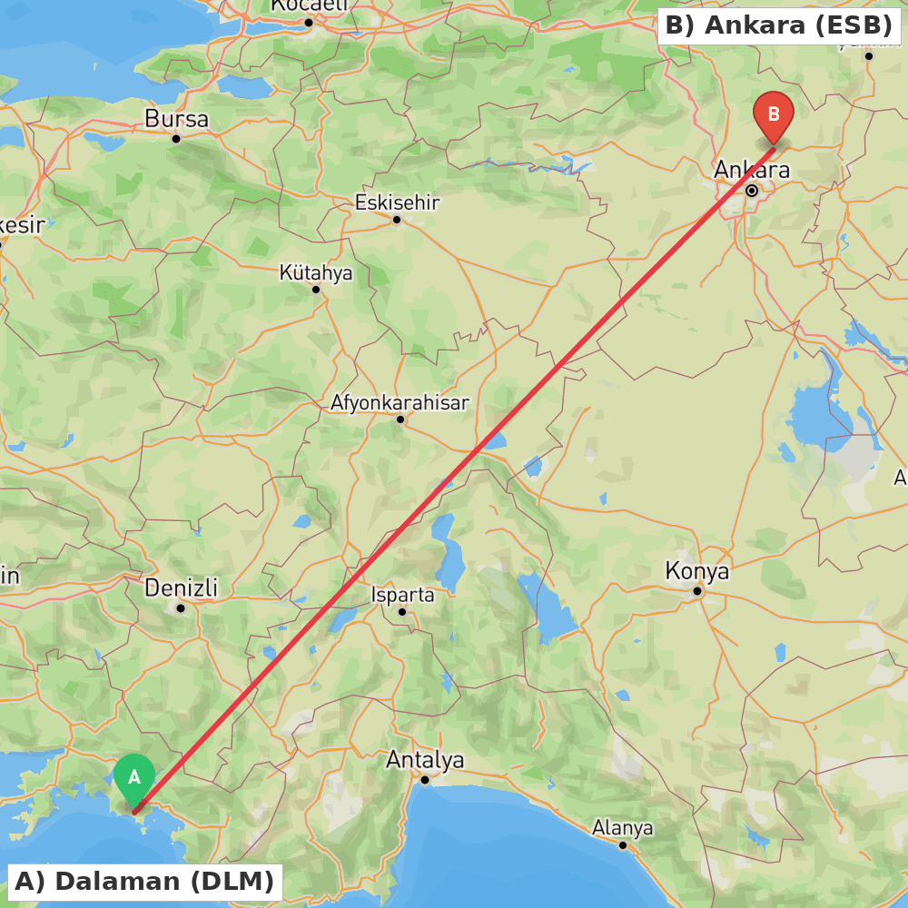 Flight route map from Dalaman to Ankara