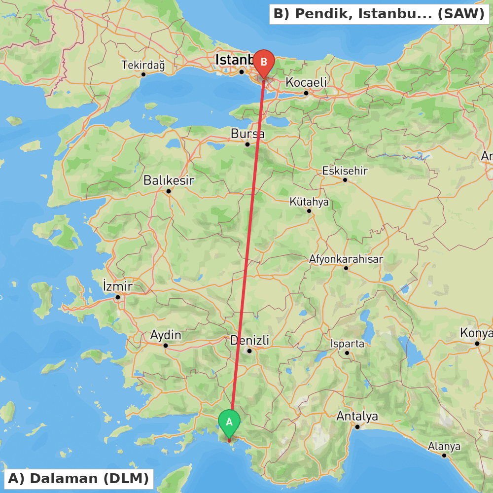 Flight route map from Dalaman to Pendik, Istanbul