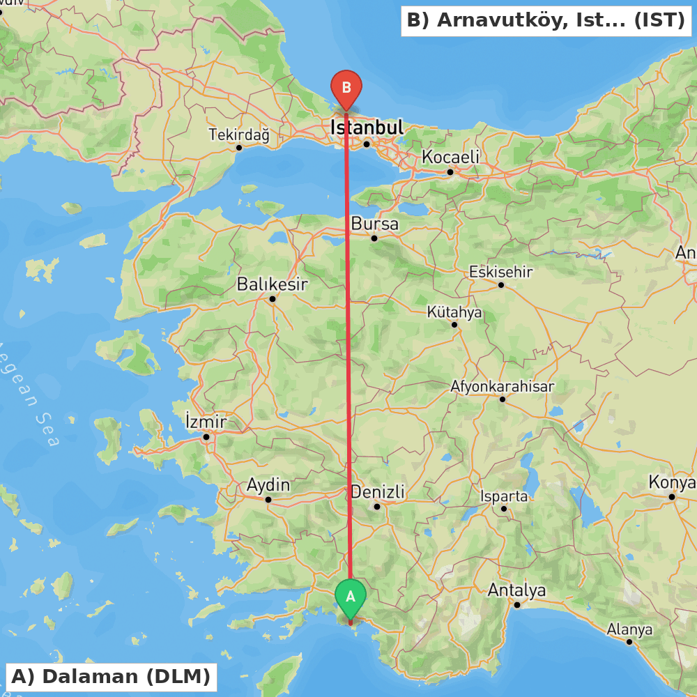 Flight route map from Dalaman to Arnavutköy, Istanbul