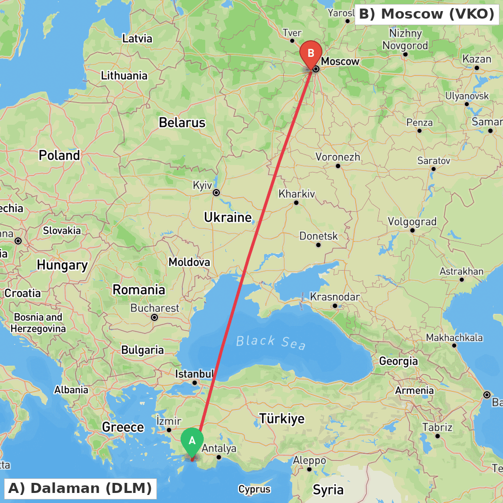 Flight route map from Dalaman to Moscow