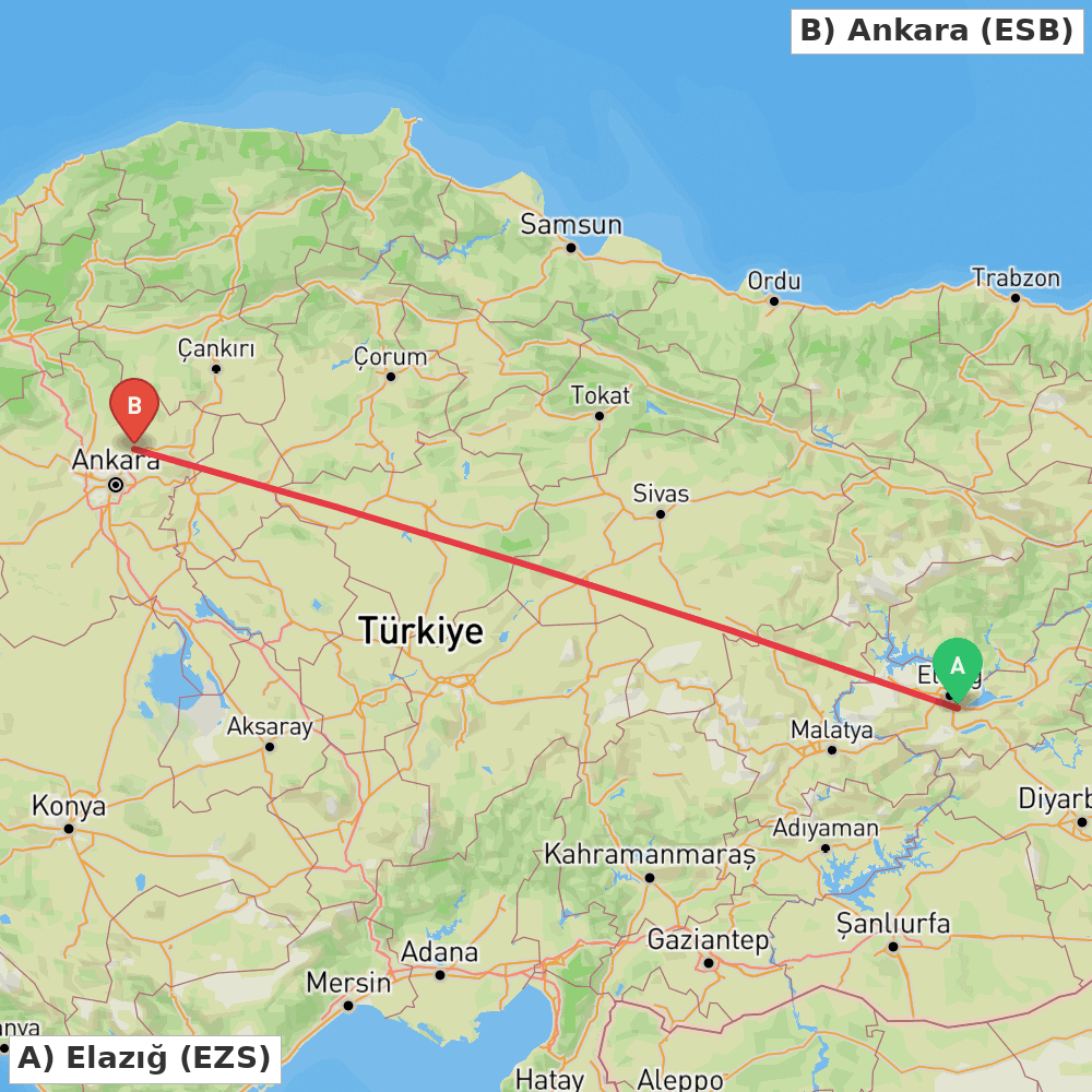 Flight route map from Elazığ to Ankara