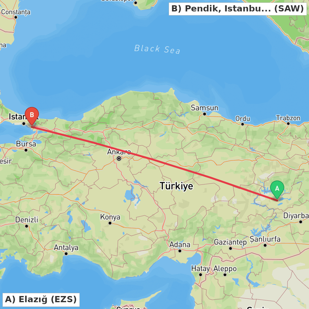 Flight route map from Elazığ to Pendik, Istanbul