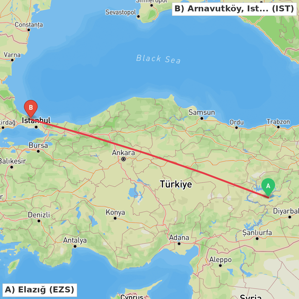 Flight route map from Elazığ to Arnavutköy, Istanbul