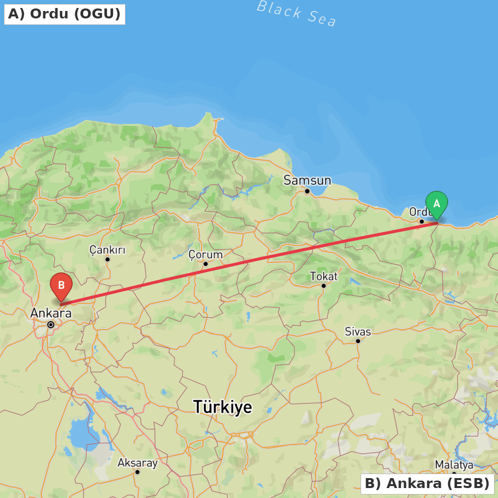 Flight route map from Ordu to Ankara