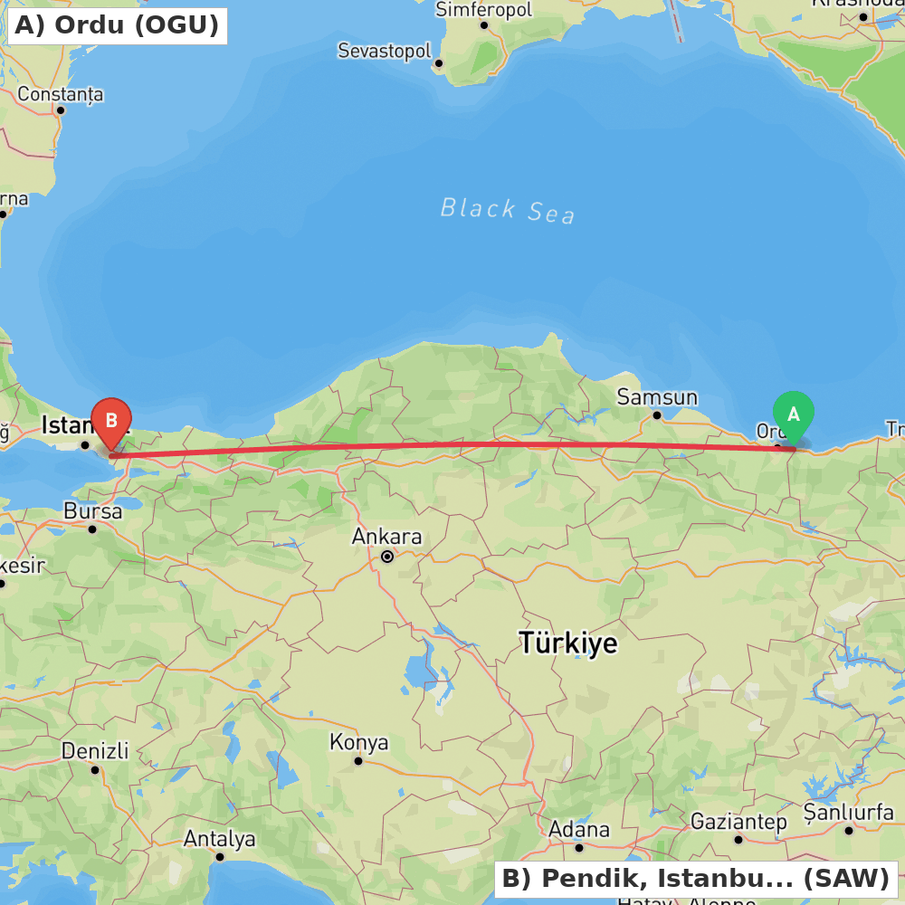 Flight route map from Ordu to Pendik, Istanbul