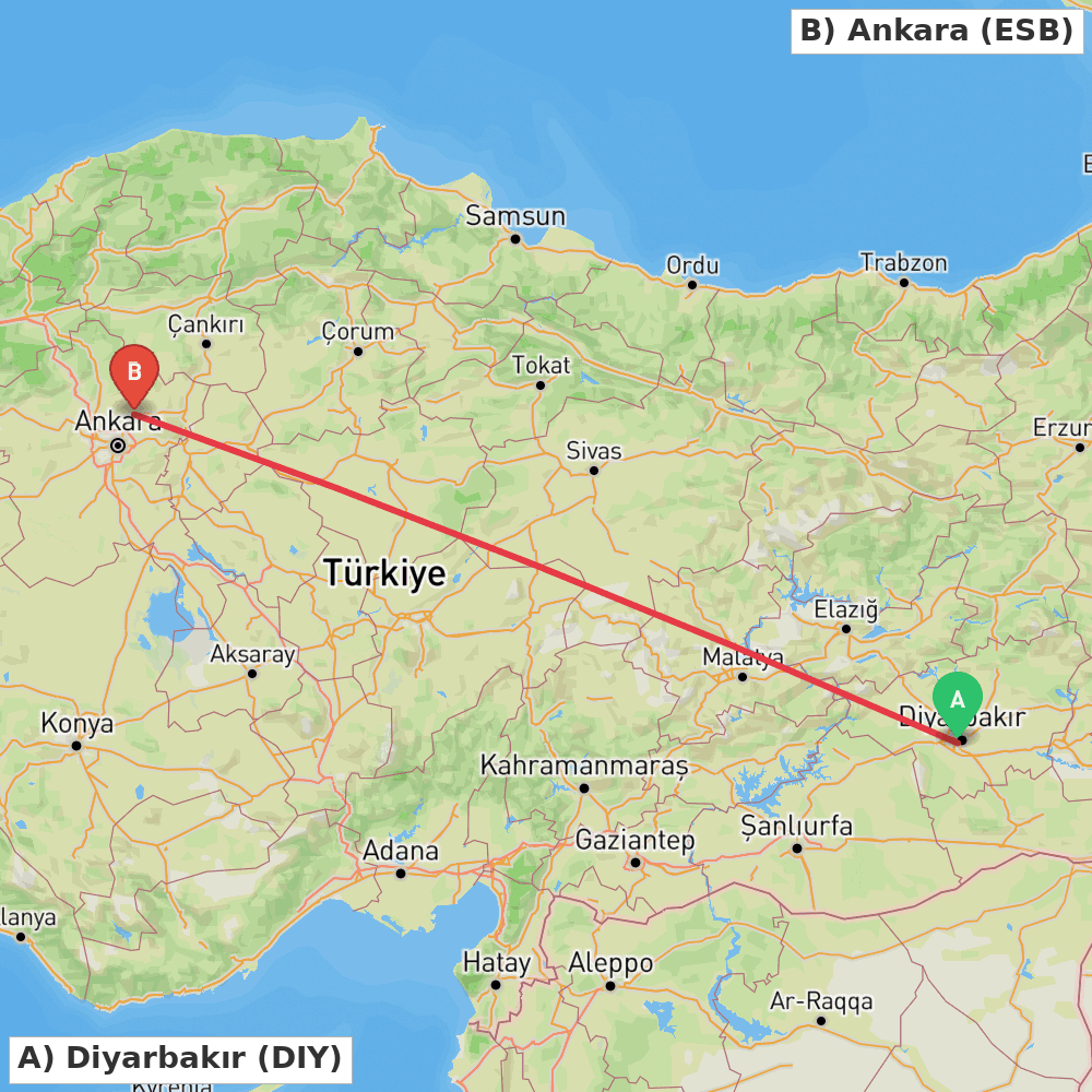 Flight route map from Diyarbakır to Ankara