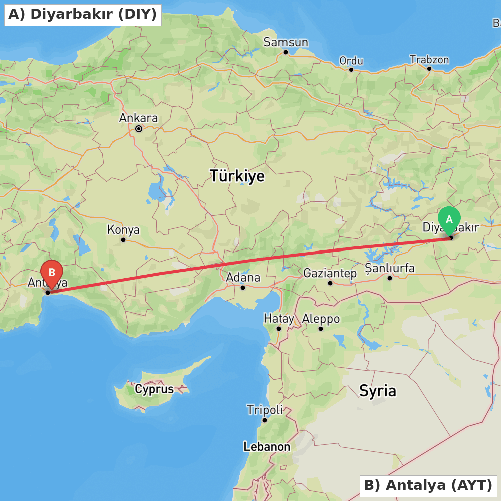 Flight route map from Diyarbakır to Antalya