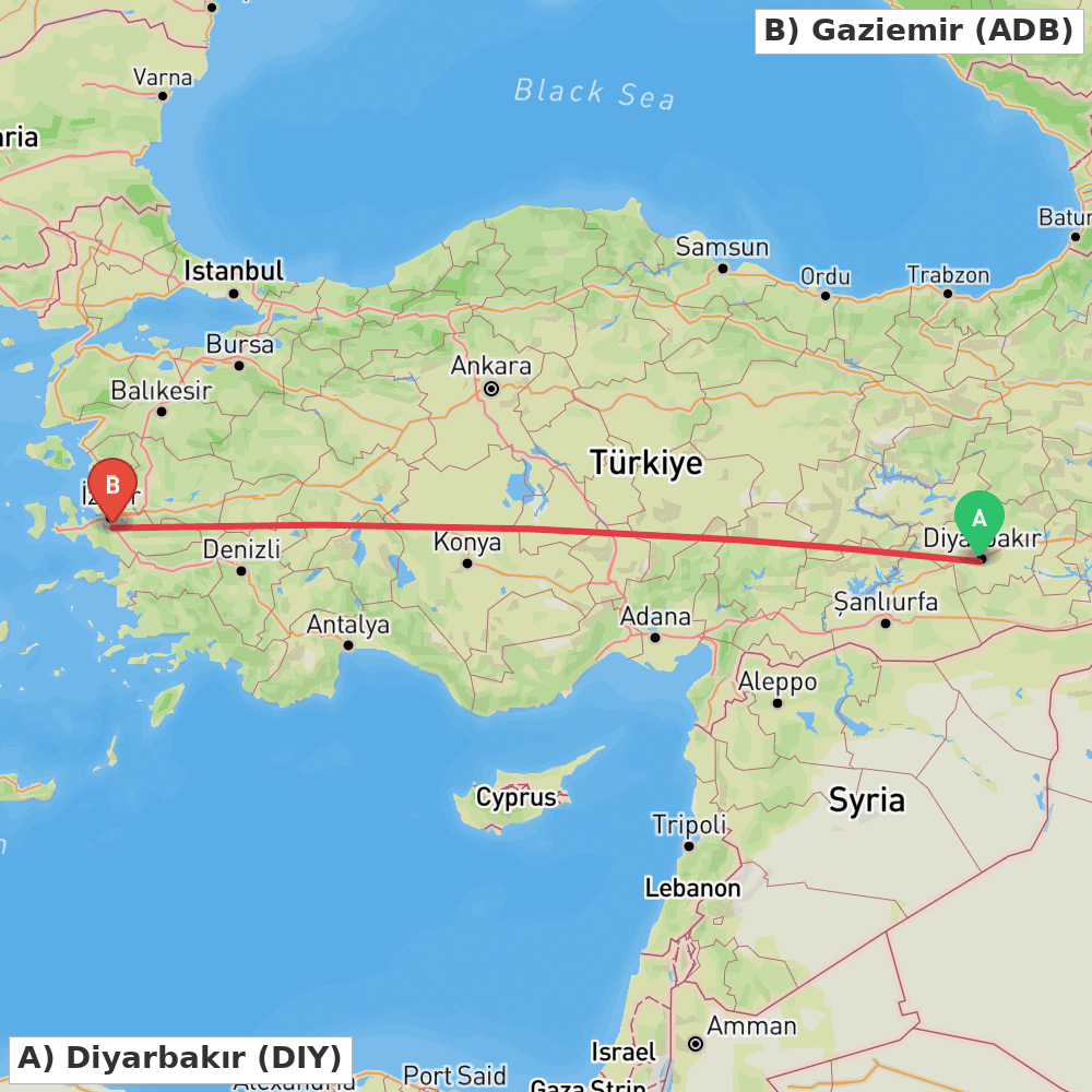 Flight route map from Diyarbakır to Gaziemir