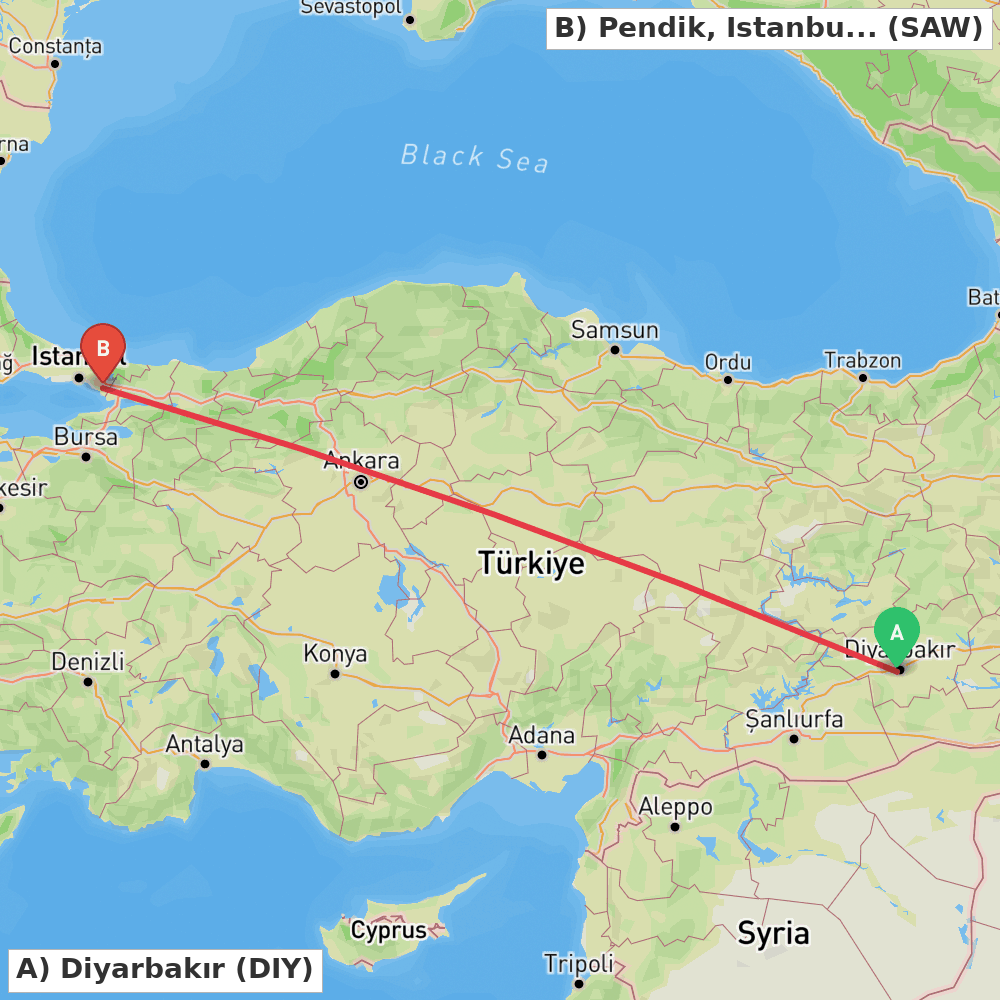Flight route map from Diyarbakır to Pendik, Istanbul