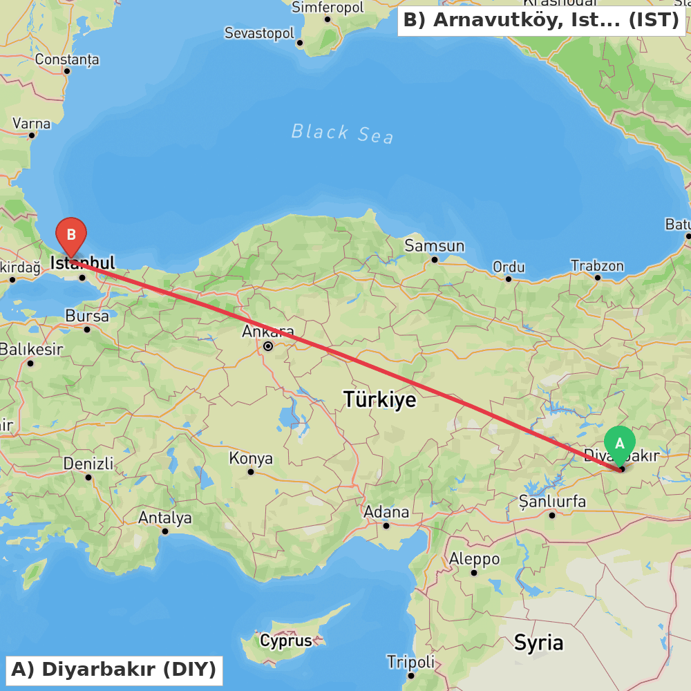 Flight route map from Diyarbakır to Arnavutköy, Istanbul