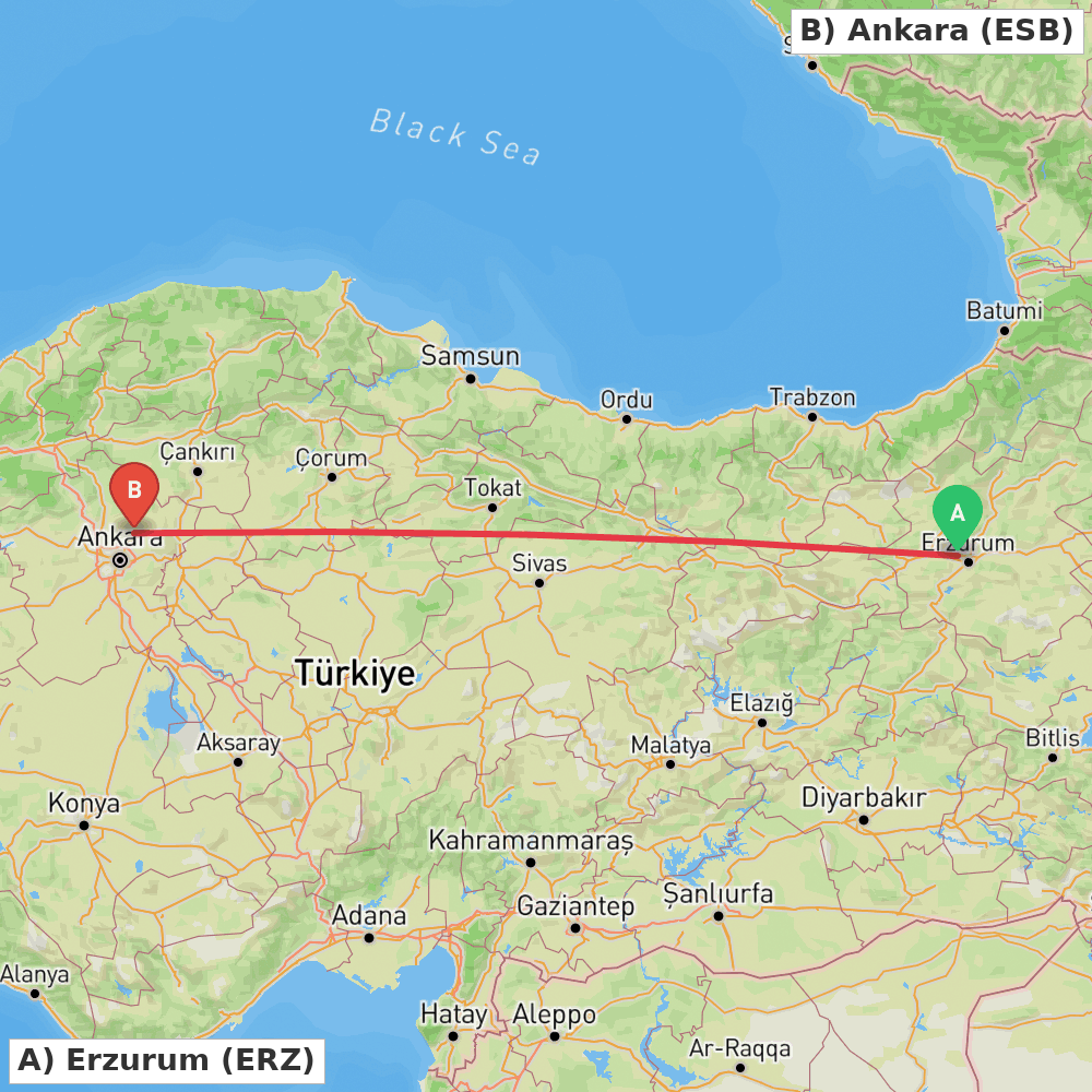 Flight route map from Erzurum to Ankara