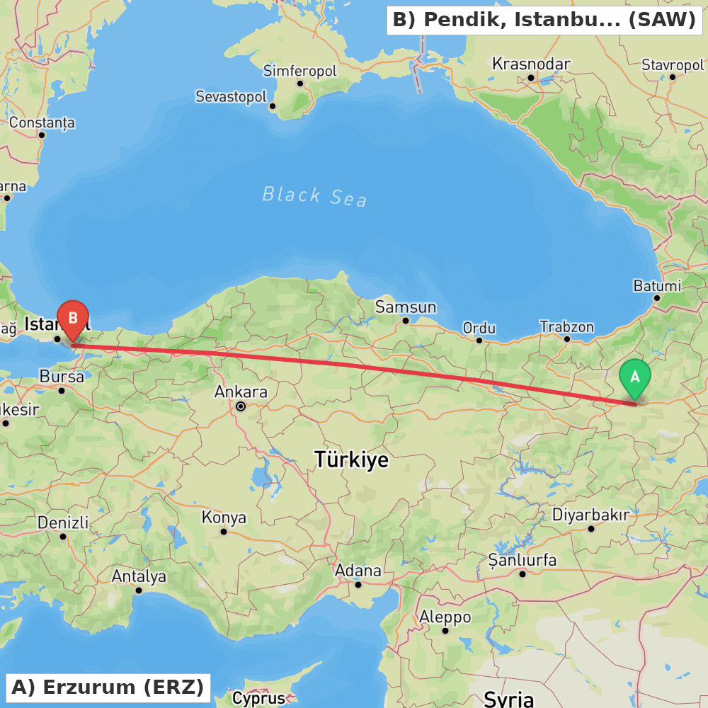Flight route map from Erzurum to Pendik, Istanbul