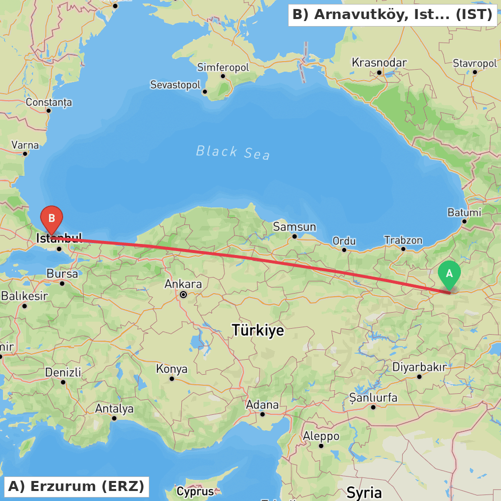 Flight route map from Erzurum to Arnavutköy, Istanbul