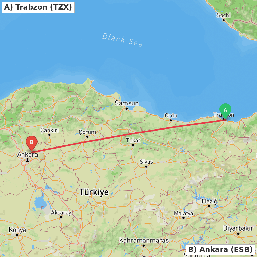 Flight route map from Trabzon to Ankara