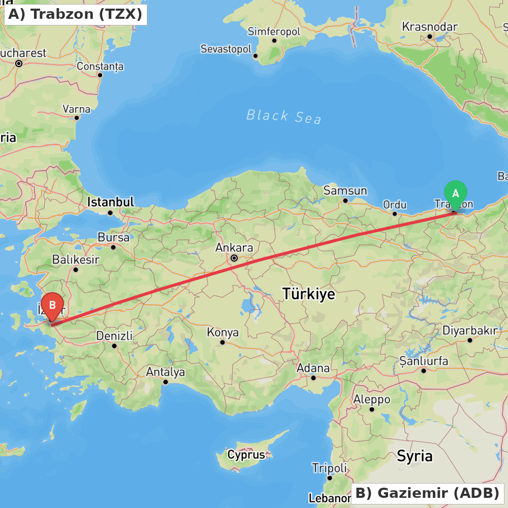 Flight route map from Trabzon to Gaziemir