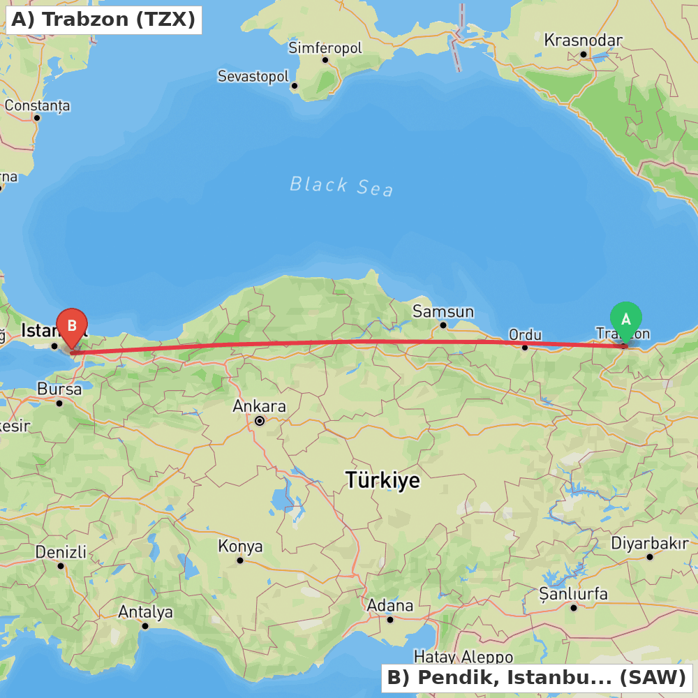 Flight route map from Trabzon to Pendik, Istanbul