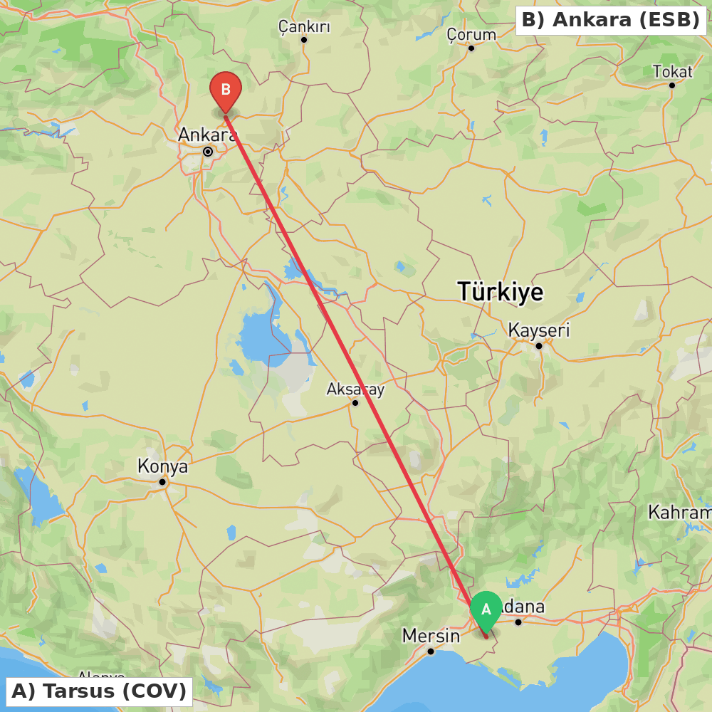 Flight route map from Tarsus to Ankara