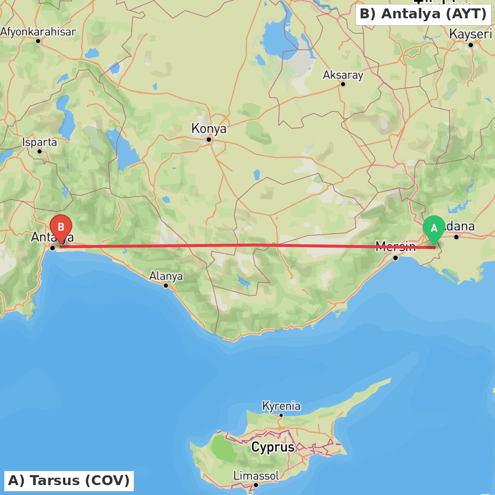Flight route map from Tarsus to Antalya