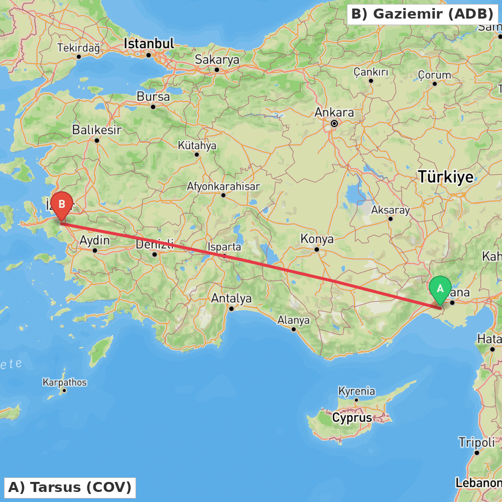 Flight route map from Tarsus to Gaziemir