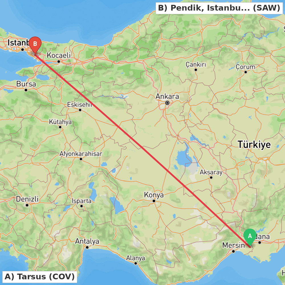 Flight route map from Tarsus to Pendik, Istanbul