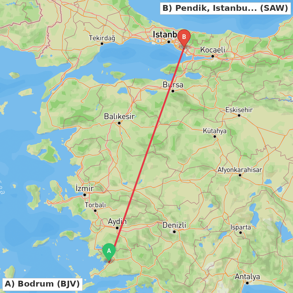 Flight route map from Bodrum to Pendik, Istanbul