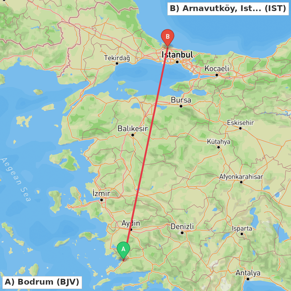 Flight route map from Bodrum to Arnavutköy, Istanbul