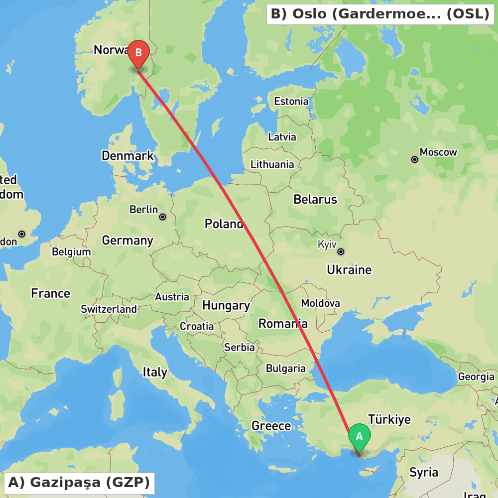 Flight route map from Gazipaşa to Oslo (Gardermoen)