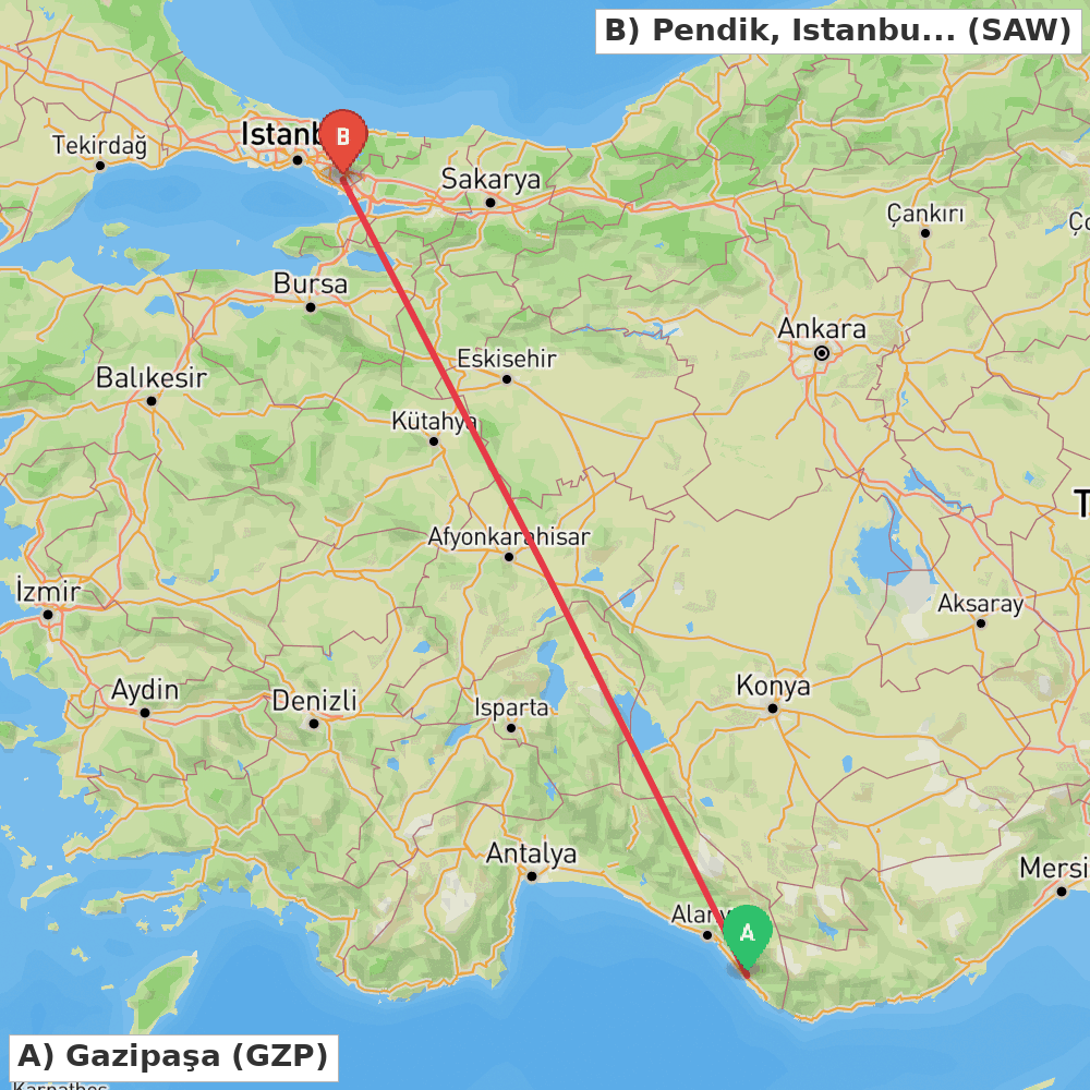 Flight route map from Gazipaşa to Pendik, Istanbul