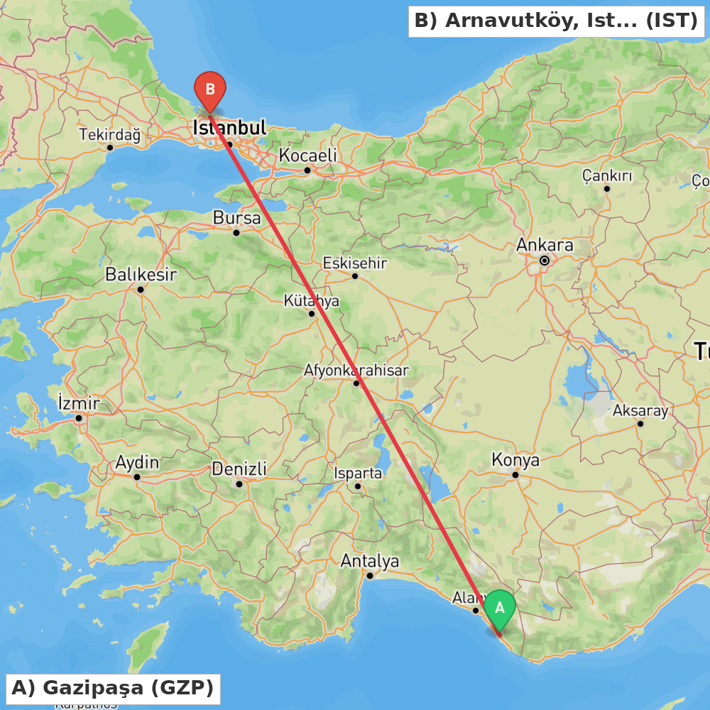 Flight route map from Gazipaşa to Arnavutköy, Istanbul