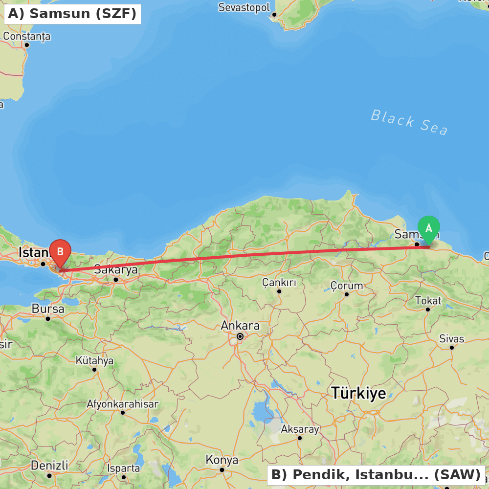 Flight route map from Samsun to Pendik, Istanbul
