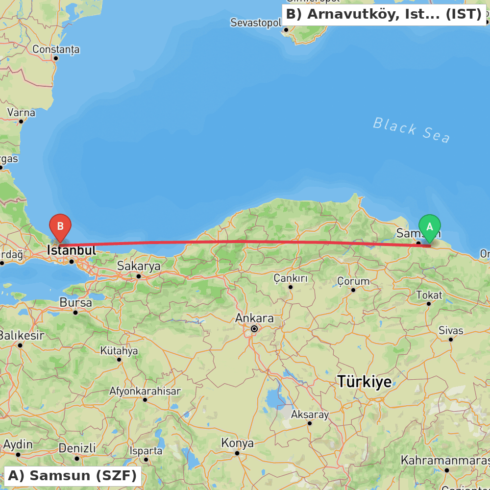 Flight route map from Samsun to Arnavutköy, Istanbul