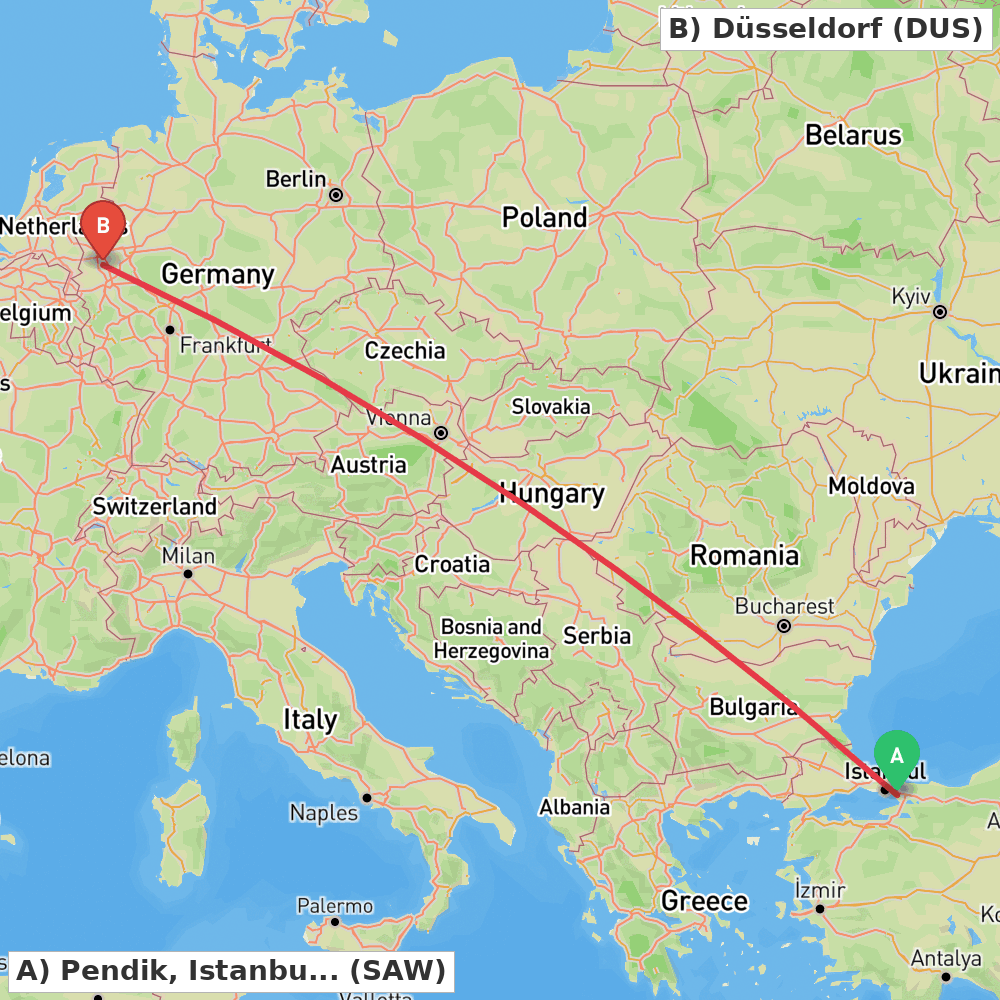 Flight route map from Pendik, Istanbul to Düsseldorf