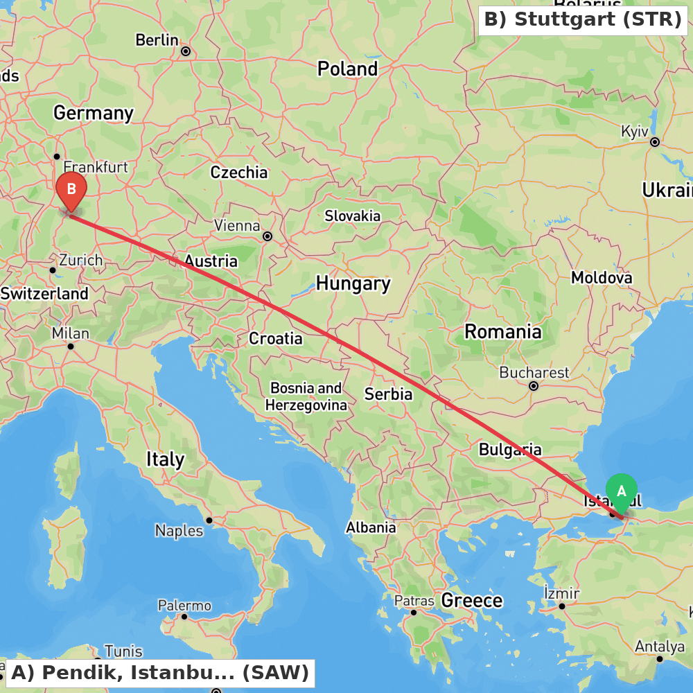 Flight route map from Pendik, Istanbul to Stuttgart