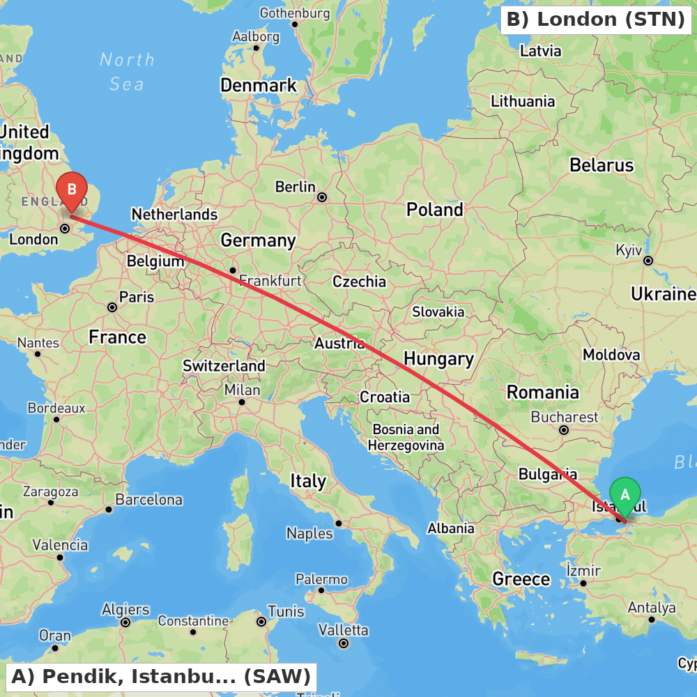 Flight route map from Pendik, Istanbul to London