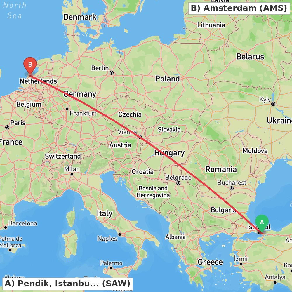 Flight route map from Pendik, Istanbul to Amsterdam
