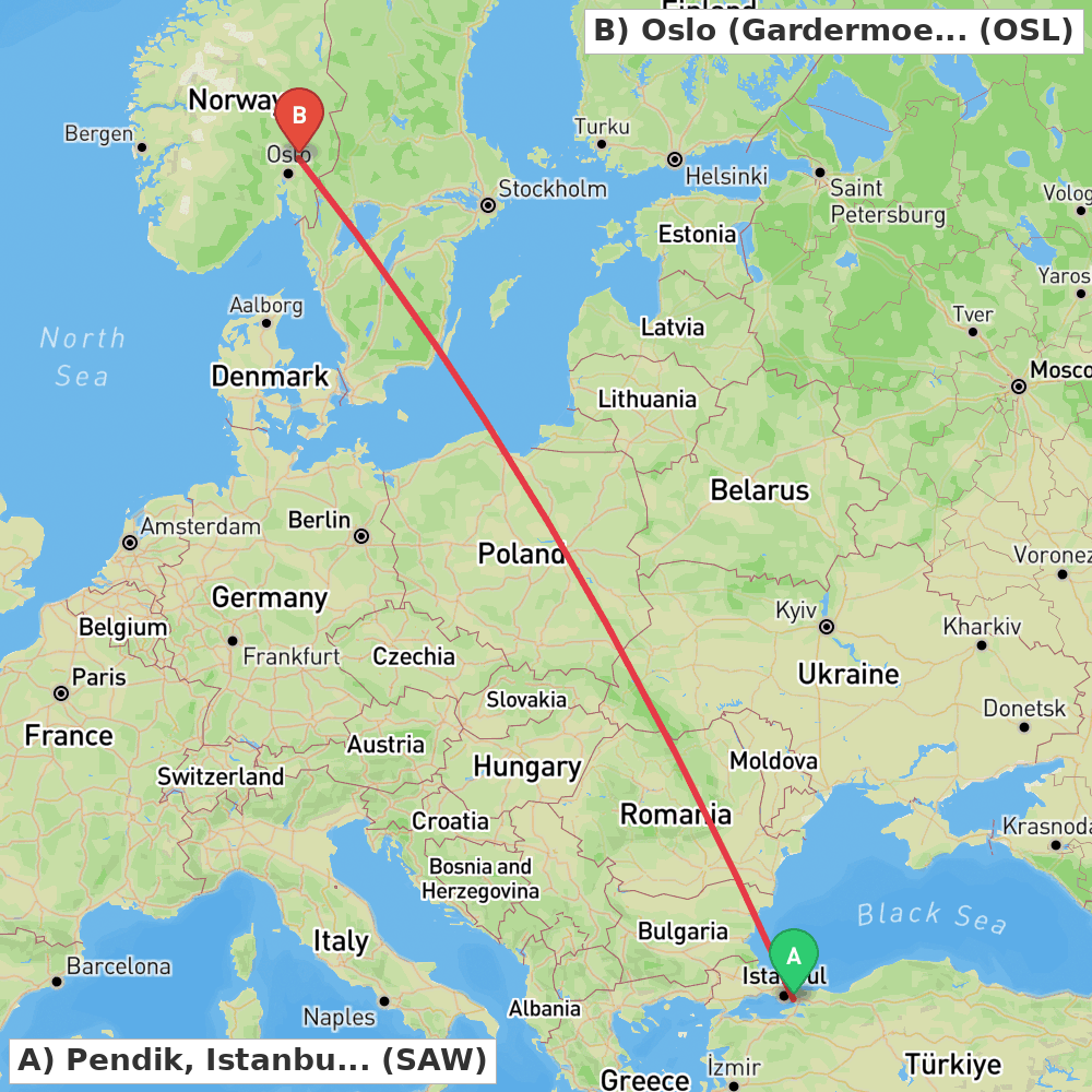 Flight route map from Pendik, Istanbul to Oslo (Gardermoen)