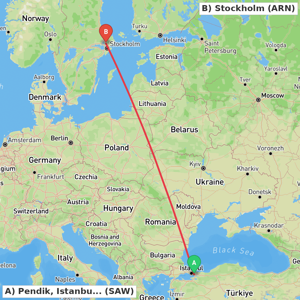 Flight route map from Pendik, Istanbul to Stockholm